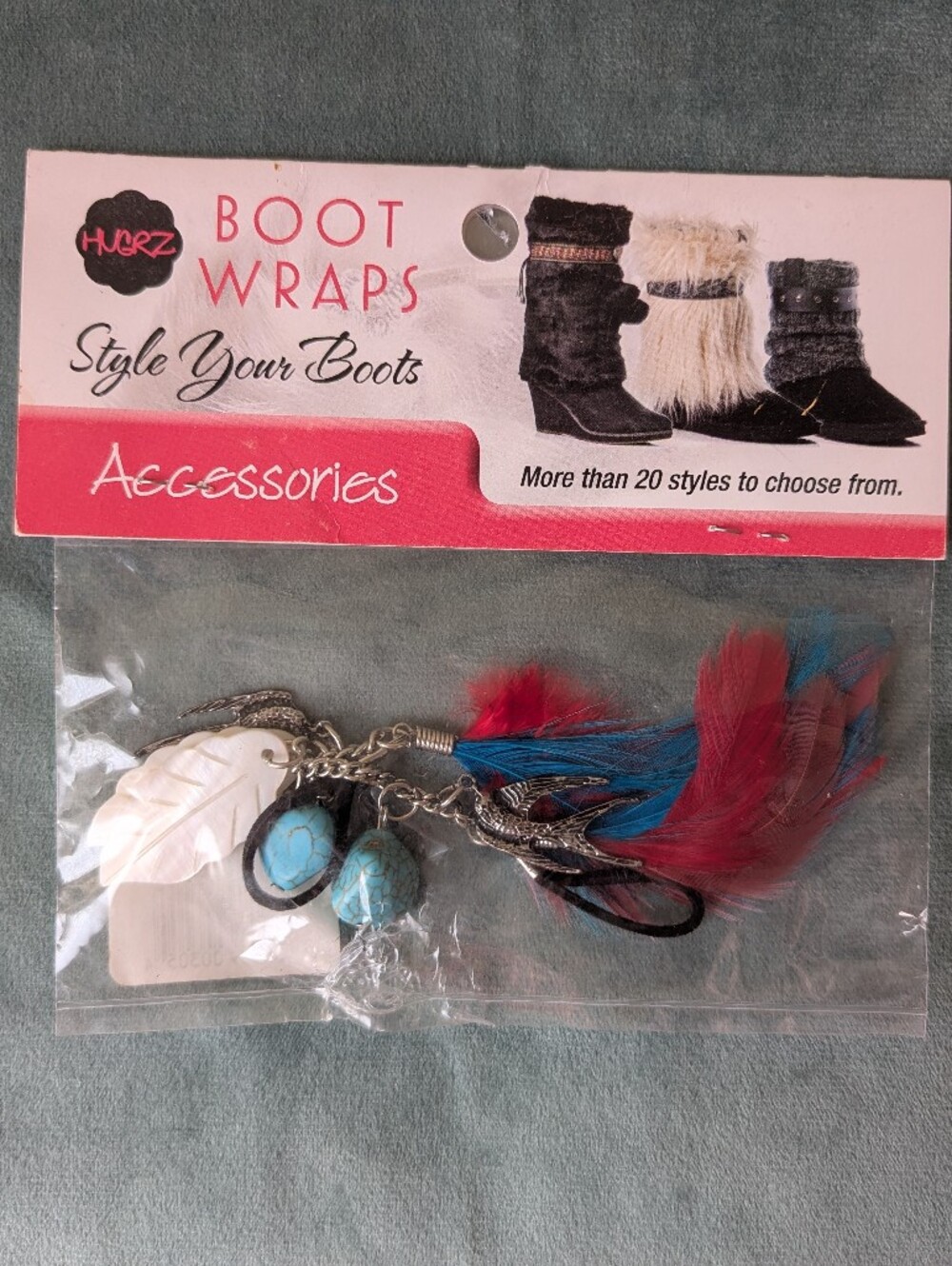 Boot Wrap Accessory w/ Red & Blue Feathers and Turquoise Bead Accents W/ Swallow